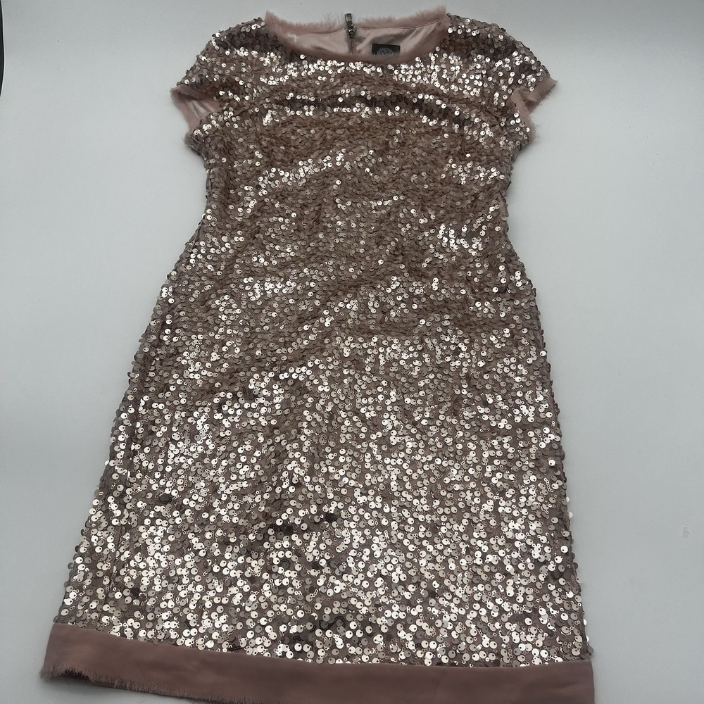 Vince Camuto Rose Gold Sequin Fringe Sheath Cocktail Dress‎ Size 6 Blush Pink